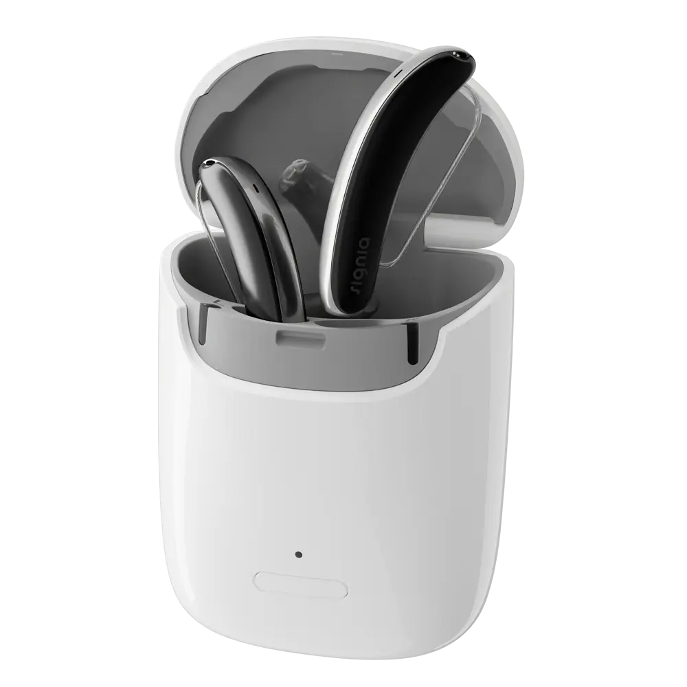 Signia rechargeable hearing aids in a charging case